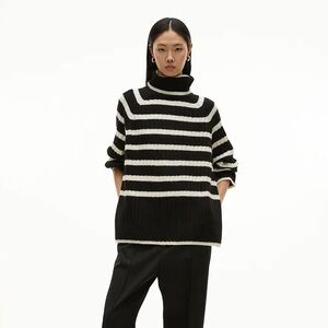 Rib-knit Polo Neck - Black and White Striped Women's Sweater - M